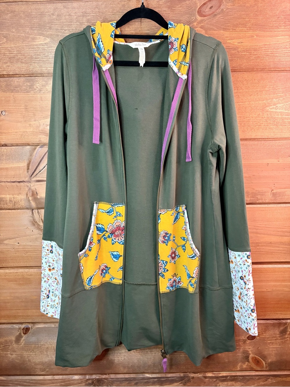 Matilda Jane Olive Green Hooded Zip Cardigan with Mustard Floral Accents Medium